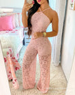 2022 Summer New Women's Pink Lace Spliced ​​Jumpsuit Hanging Neck Sleeveless Casual Daily Sling Streetwear Y2K 