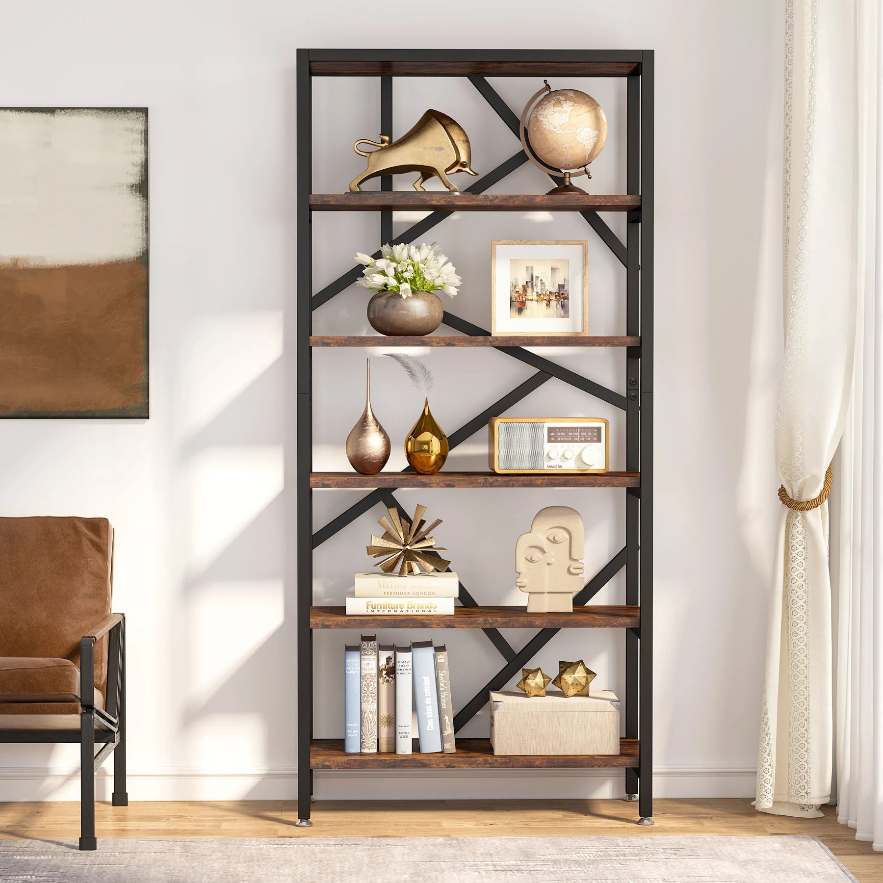 Tribesigns Bookshelf Storage Rack Standing Shelf 5 Tier Industrial Sturdy Bookshelf with Iron Pipe Frame