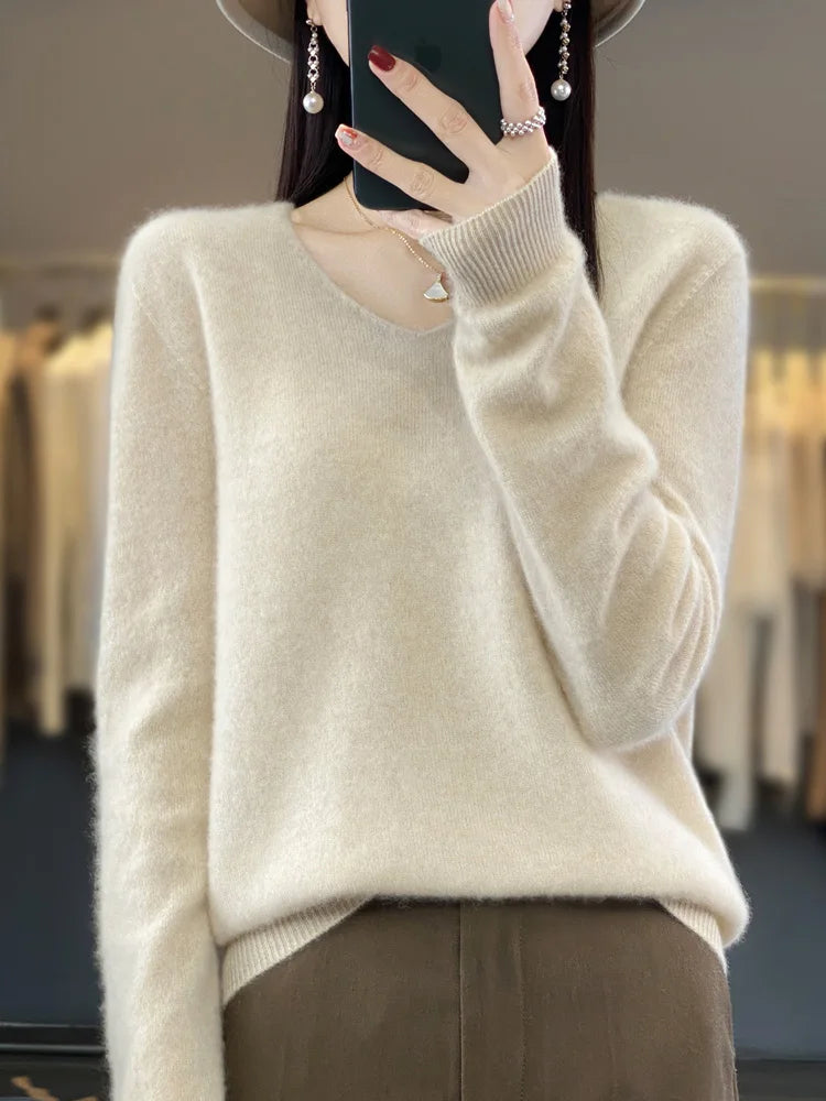 Suéter básico de otoño-invierno 2024 para mujer, 100 % lana merino, cuello en V, tejido de punto liso, jersey de oficina para mujer, manga larga, cachemir.