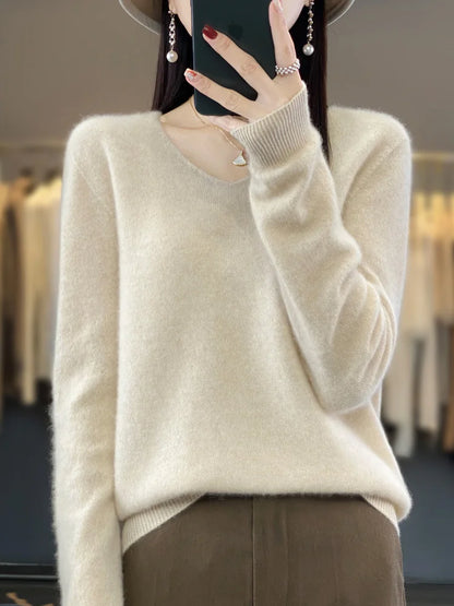 Suéter básico de otoño-invierno 2024 para mujer, 100 % lana merino, cuello en V, tejido de punto liso, jersey de oficina para mujer, manga larga, cachemir.