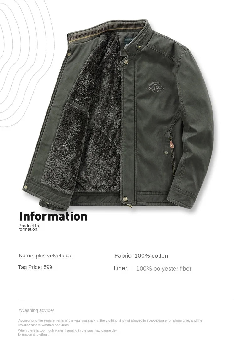 Vintage Thick Wool Parka Men's New 2024 Winter Washed Cotton Fleece-lined Warm Work Jacket Outdoor Camping Hunting Velvet Coats