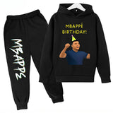 Conjunto de sudadera con capucha para niños, conjunto de sudadera y pantalones con estampado de Mbappe, ropa deportiva de 2 piezas para niños y niñas, primavera y otoño