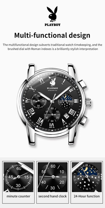 PLAYBOY Best Selling Fashion Luxury Quartz Watch for Men Original Stainless Steel Multifunction Waterproof Men's Wrist Watches