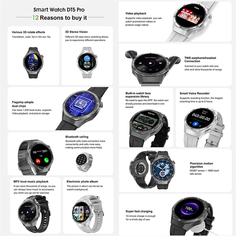 GT5 Pro Smart Watch Men's Women 466*466 HD Screen Bluetooth Call Smartwatch GPS Map Compass Sports Fitness Smartwatch 2025 New