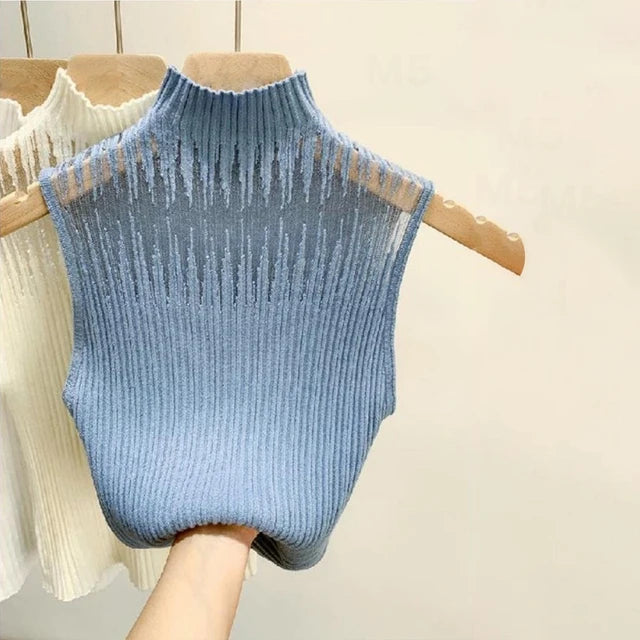 Women's Korean Knitted Half High Neck Vest Summer Sleeveless Solid Color Thin Tank Top 