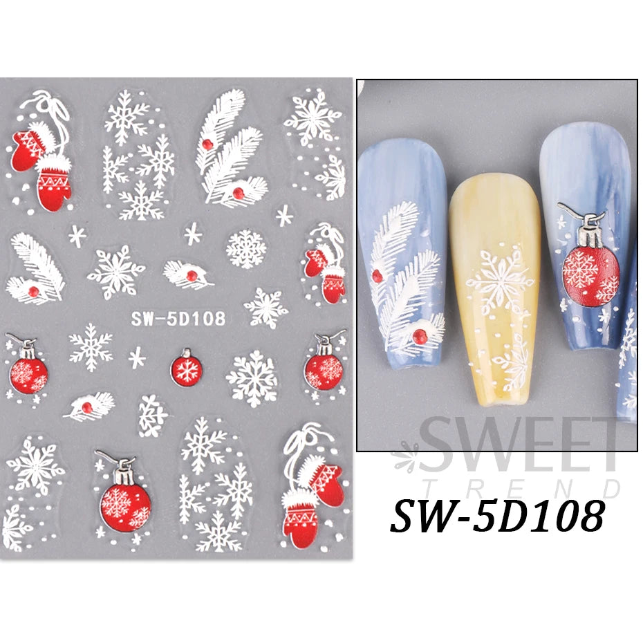 5D Red Christmas Nail Stickers Glitter Embossed Snowflake Gloves Feather Bulb Bells Winter Xmas DIY Engraved Manicure Decoration