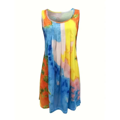 plus size women's tie dye pleated sleeveless dress vest mini elegant design fashionable casual beach dress fob