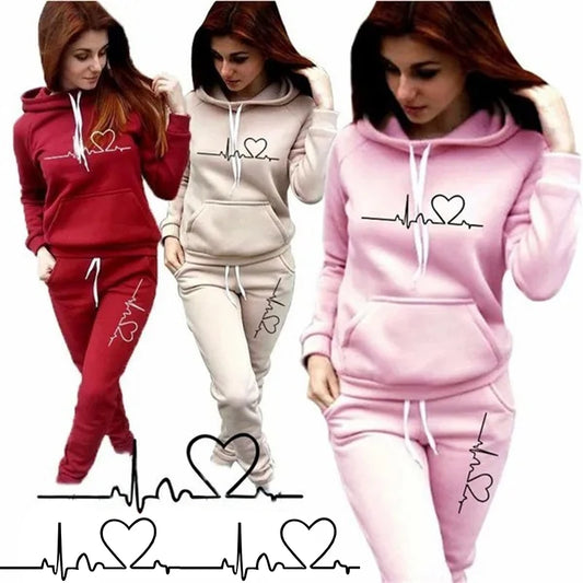 Conjunto de sudadera y pantalón con capucha para mujer, estampado de latidos del corazón, dos piezas