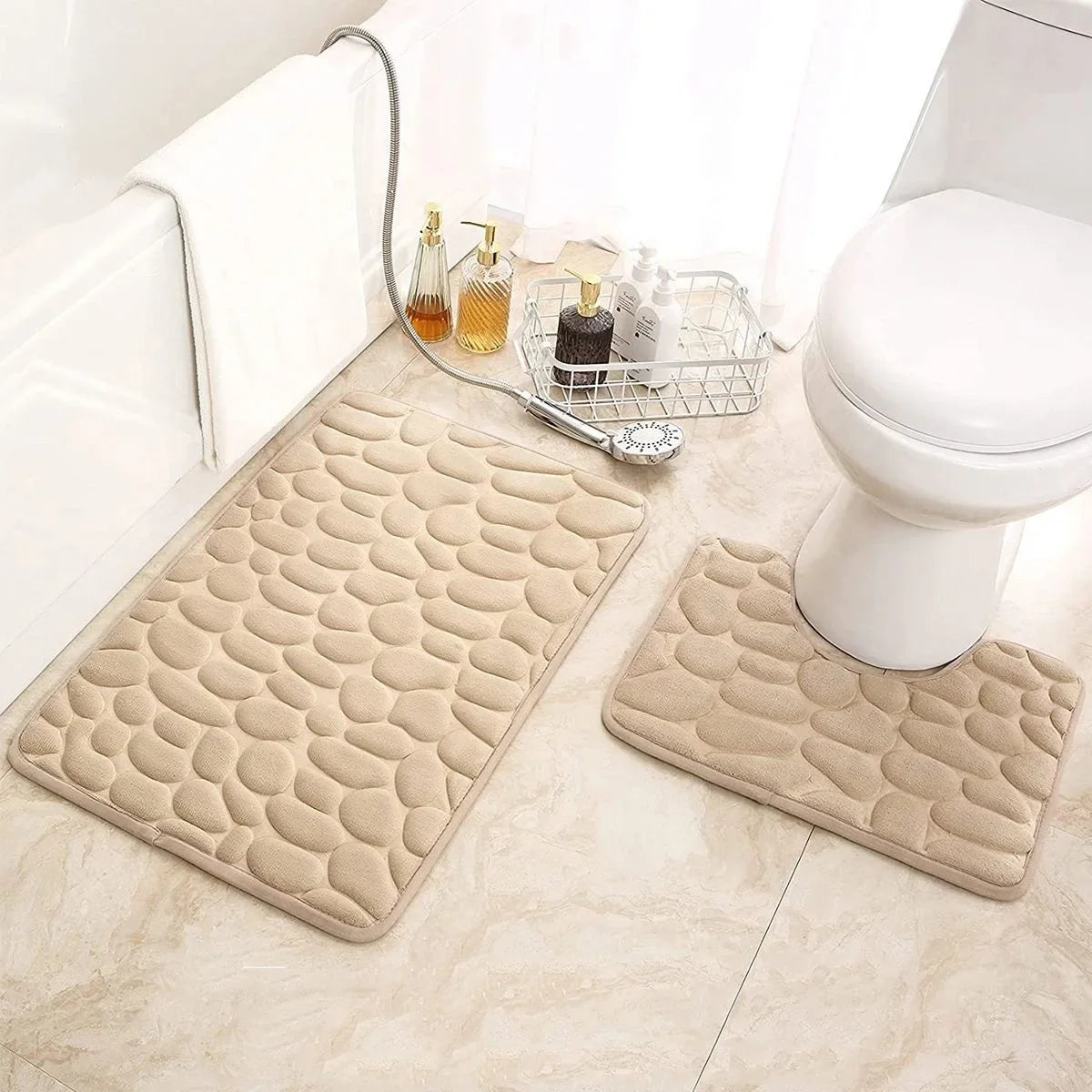 2PC Embossed Stone Pattern Toilet Mat Door Mats Absorb Water Mats Non-slip Carpet Mat, Can Wash Strip Carpet Home Decoration