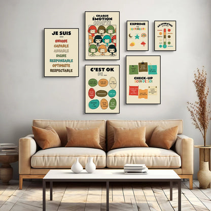 Social Psychology Affirms Children's "I Am" French Canvas Print Rainbow Mental Health Wall Art Poster for Classroom School Decor