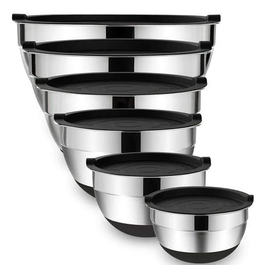 Mixing Bowls with Lids and Non-Slip Bases, Stainless Steel Mixing Bowls Set for Baking, Nesting Storage Bowls, JT227, 6 Pcs