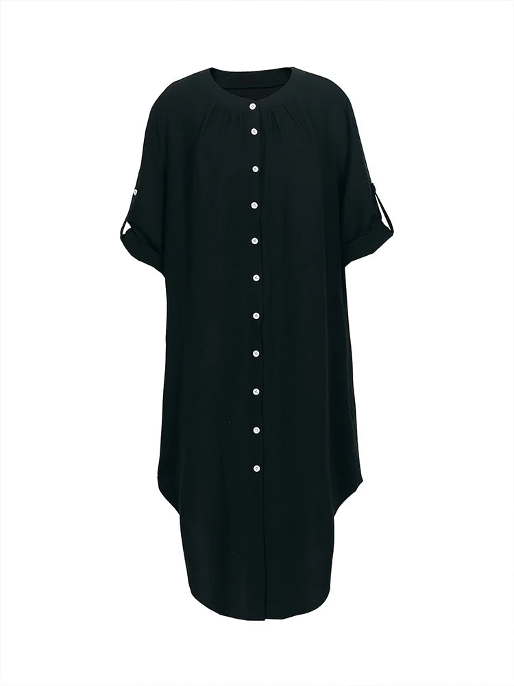 Vestido de talla grande para mujer, primavera y verano 2024, con botones de una sola fila, color liso, informal, suelto, largo, de poliéster.