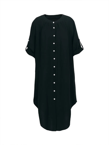 Vestido de talla grande para mujer, primavera y verano 2024, con botones de una sola fila, color liso, informal, suelto, largo, de poliéster.