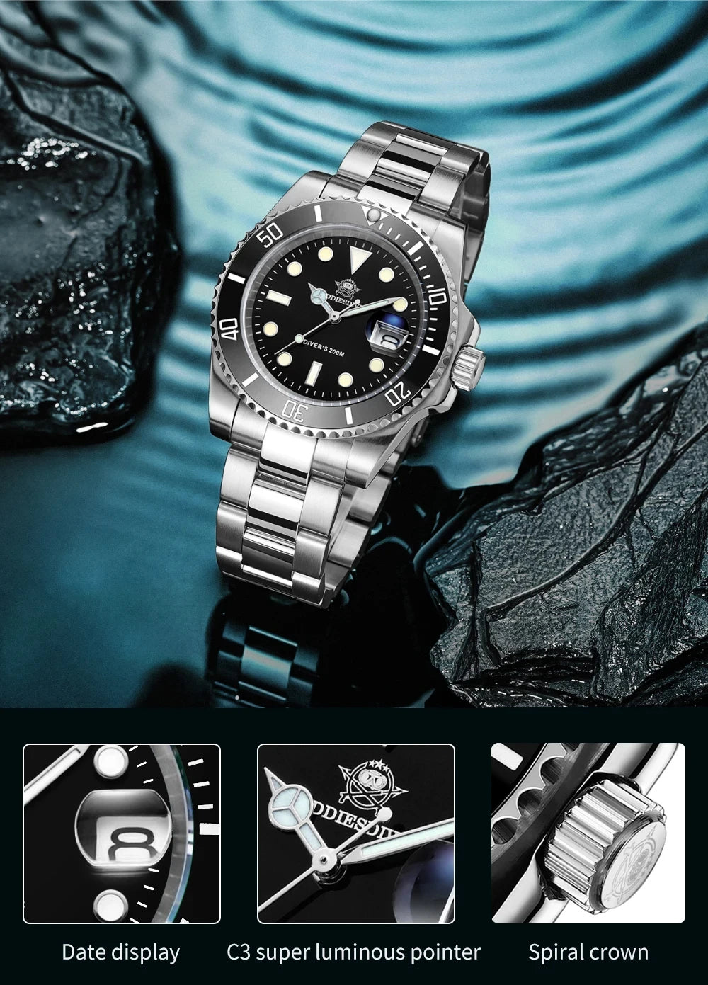 ADDIESDIVE Quartz Watch for Men 316L Stainless Steel Super Luminous Ceramic Bezel 200m Waterproof Classic Diving Men's Watch