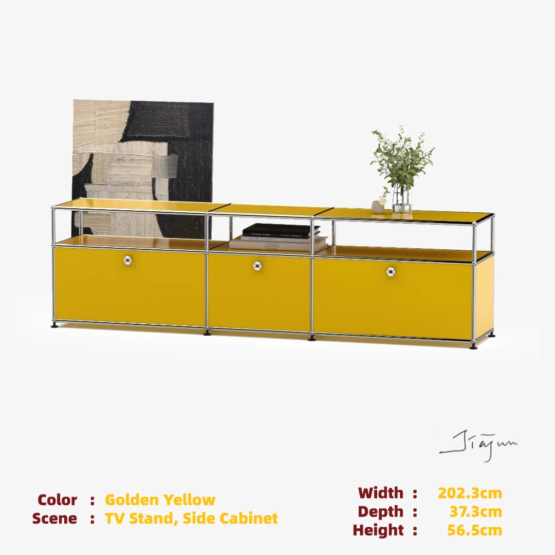 Modern Modular Low TV Cabinet｜3-Tier Sideboard with Drop Doors｜Steel Frame Storage Bench Unit | Minimalist Low Media Console