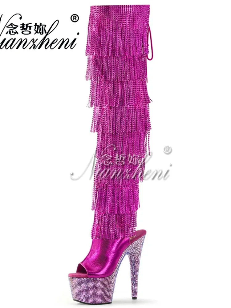 Tacones góticos exóticos, botas de plataforma de 17cm con flecos para fiesta, zapatos fetiche sexis para mujer, modelos góticos de baile en barra, diamantes de imitación para club nocturno