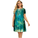 Women's Plant Flower Print Dress Short Sleeve Loose A-line Dress O-neck Casual Dress Plus Size Summer 