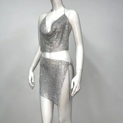 Conjunto de 2 piezas formado por top corto, falda y pantalón corto, sin mangas, con diamantes de imitación y cuello halter, para mujer, estilo playero, a la moda, para verano