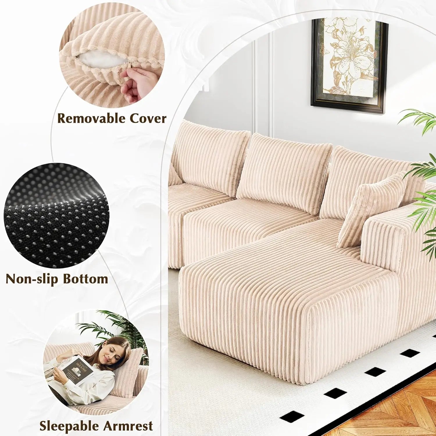 118" Compressed Sofa for Living Room L Shaped Boneless Couch, Modular Sectional Sofa, Sofa Bed Memory Foam Couches with Chaise