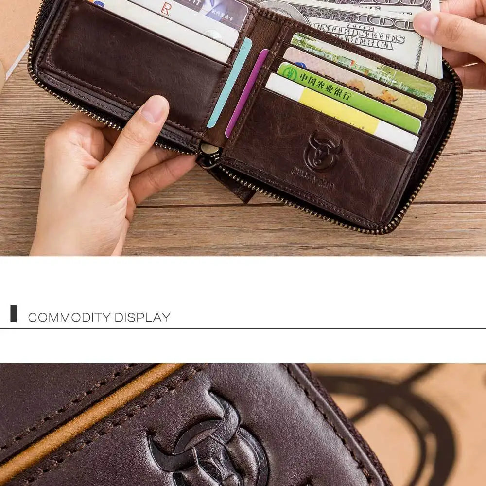 Bullcaptain Genuine Leather Men's Short Wallet Casual Men's Coin Purse Vintage Male Zipper Card Holder Luxury Money Bags JYB022