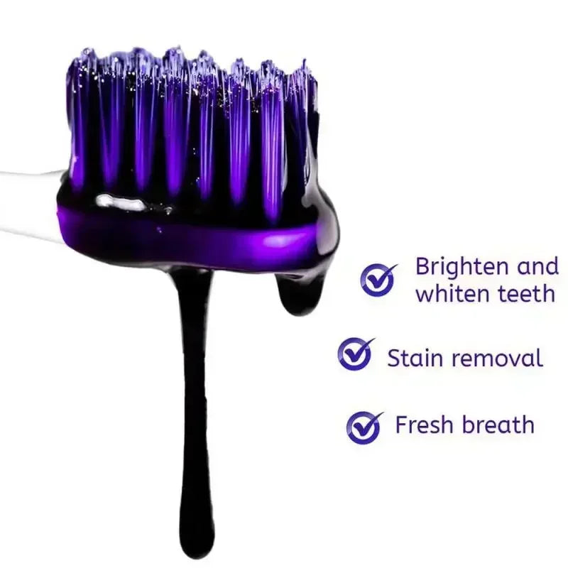 Pasta dental blanqueadora morada V34 de 30 ml. Elimina manchas, reduce el amarilleo y cuida tus dientes, encías, aliento fresco y blanquea los dientes.