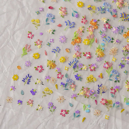 Colorful Sparkling Glass Fragment Spring Wildflowers High Quality Adhesive Flash Nail Stickers Art Decorations Design T-3784