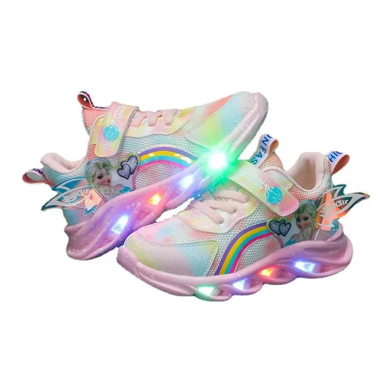 Disney Girls' Casual LED Light-Up Mesh Breathable Children's Sports Shoes Princess Elsa Pink Purple Sneakers Size 22-35