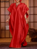 Vonda-Vestido Maxi Elegante Feminino, Manga Curta, Cetim de Babados, Vestido de Festa, Casual, Solto, Sólido, Tamanhos Grandes, Verão, 2024