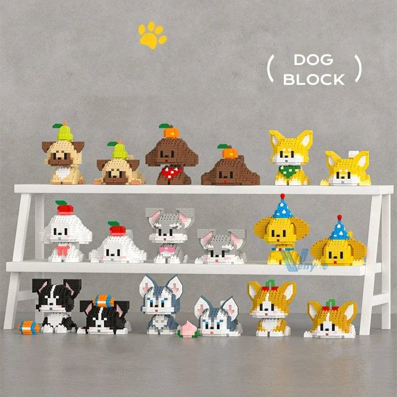 DIY Cute Dog Building Blocks Puppy Pet Model Animal Assemble Bricks Set Poodle Corgi Husky Cartoon Table Decor Gift for Kids