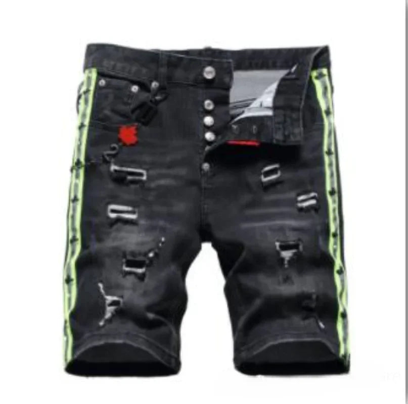 Italian High Street Style Male High Quality Stretch Fit Ripped Denim Jeans Shorts New Summer Men Black Denim Shorts Jeans Size42