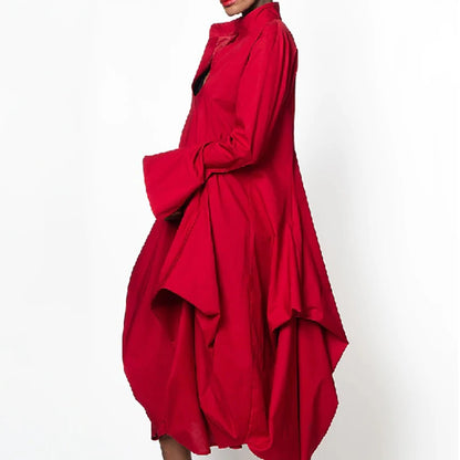 UOOZEE 2024 New Spring Women Elegant Red Party Evening Midi Dresses Long Sleeves Loose Solid Color Stand Collar Prom Gown