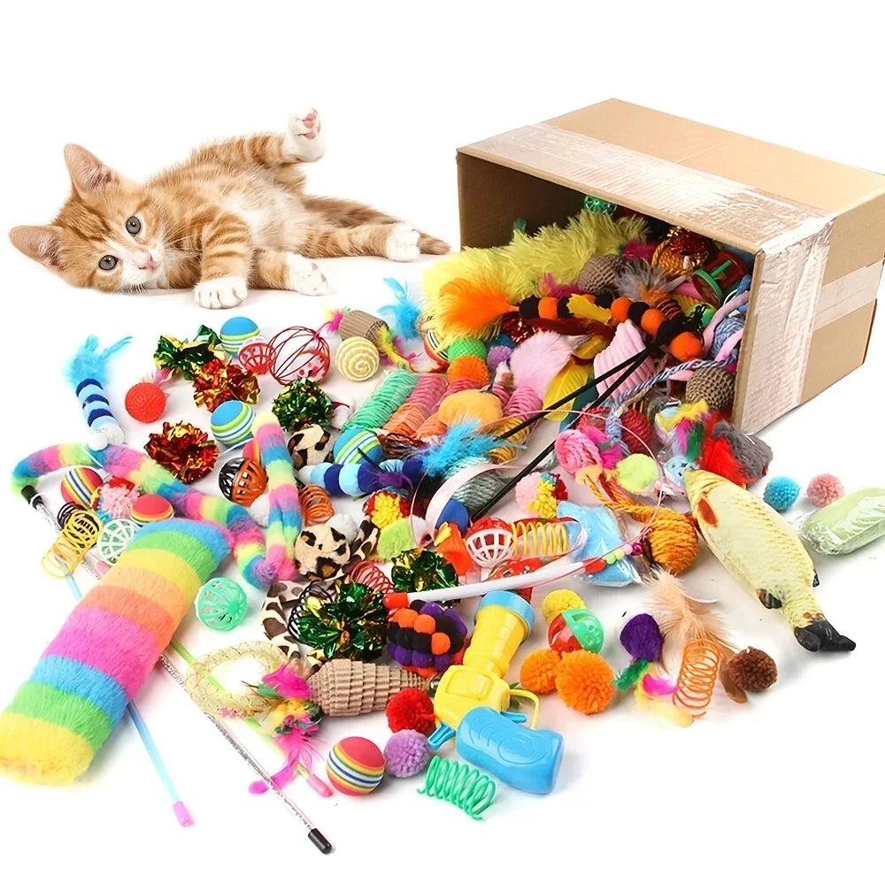 56pcs/28pcs/14pcs Cat Toys Mixed Pack. A Combination of Various Plastic Toys and Plush Toys Suitable for Multiple Cats to Play