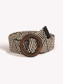 Ladies Round Dark Wooden Buckle Pp Straw Woven Elastic Belt Versatile Summer Fashion Bohemian Style Geometric Pattern