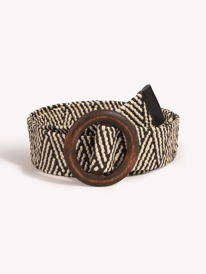 Ladies Round Dark Wooden Buckle Pp Straw Woven Elastic Belt Versatile Summer Fashion Bohemian Style Geometric Pattern
