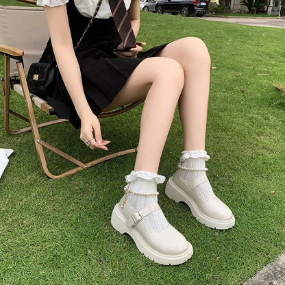 Women's Luxury Beaded Mary Jane Leather Shoes Spring/Autumn Fashion Comfortable Elegant Flat Black Walking Shoes Zapatos Mujer