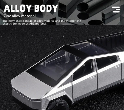 Camiones de juguete para niños, modelo Cybertruck, camioneta plateada, de metal fundido a presión, con sonido y luz, a partir de 3 años, escala 1:32.