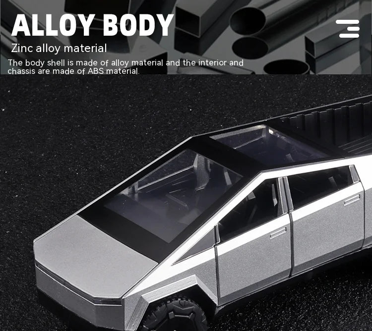 1:32 Toy Trucks for Boys Cybertruck Model Silver Pickup Truck Diecast Metal Toy Cars with Sound and Light for Kids Age 3 Year