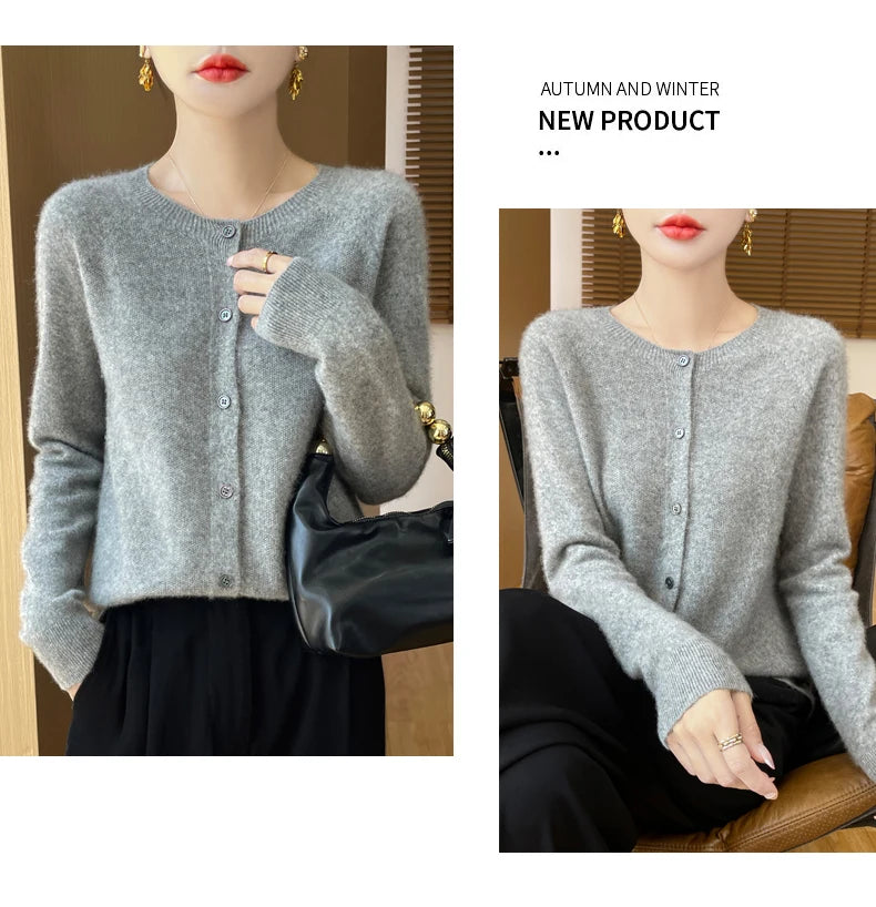 100% Merino Wool Long Sleeve Sweaters Cashmere Cardigan Spring Autumn Women O-Neck Knitwear Tops Clothing Fashion Basic Tops