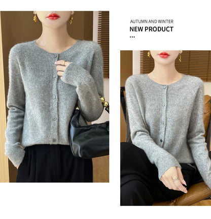100% Merino Wool Long Sleeve Sweaters Cashmere Cardigan Spring Autumn Women O-Neck Knitwear Tops Clothing Fashion Basic Tops