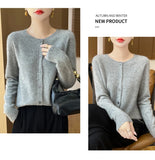 100% Merino Wool Long Sleeve Sweaters Cashmere Cardigan Spring Autumn Women O-Neck Knitwear Tops Clothing Fashion Basic Tops