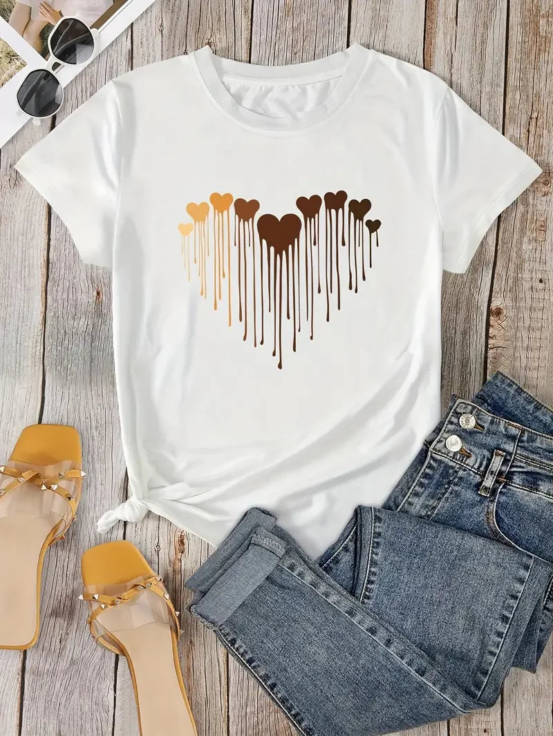 Camiseta gráfica feminina do coração do amor, tamanho positivo, casual