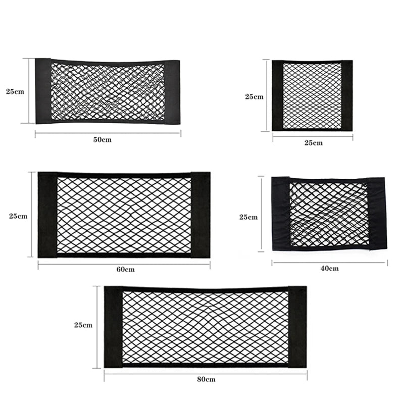 Car Seat Back Organizer Trunk Net Mesh Pocket Elastic String Net Magic Sticker Universal Portable Storage Bag Car Accessories