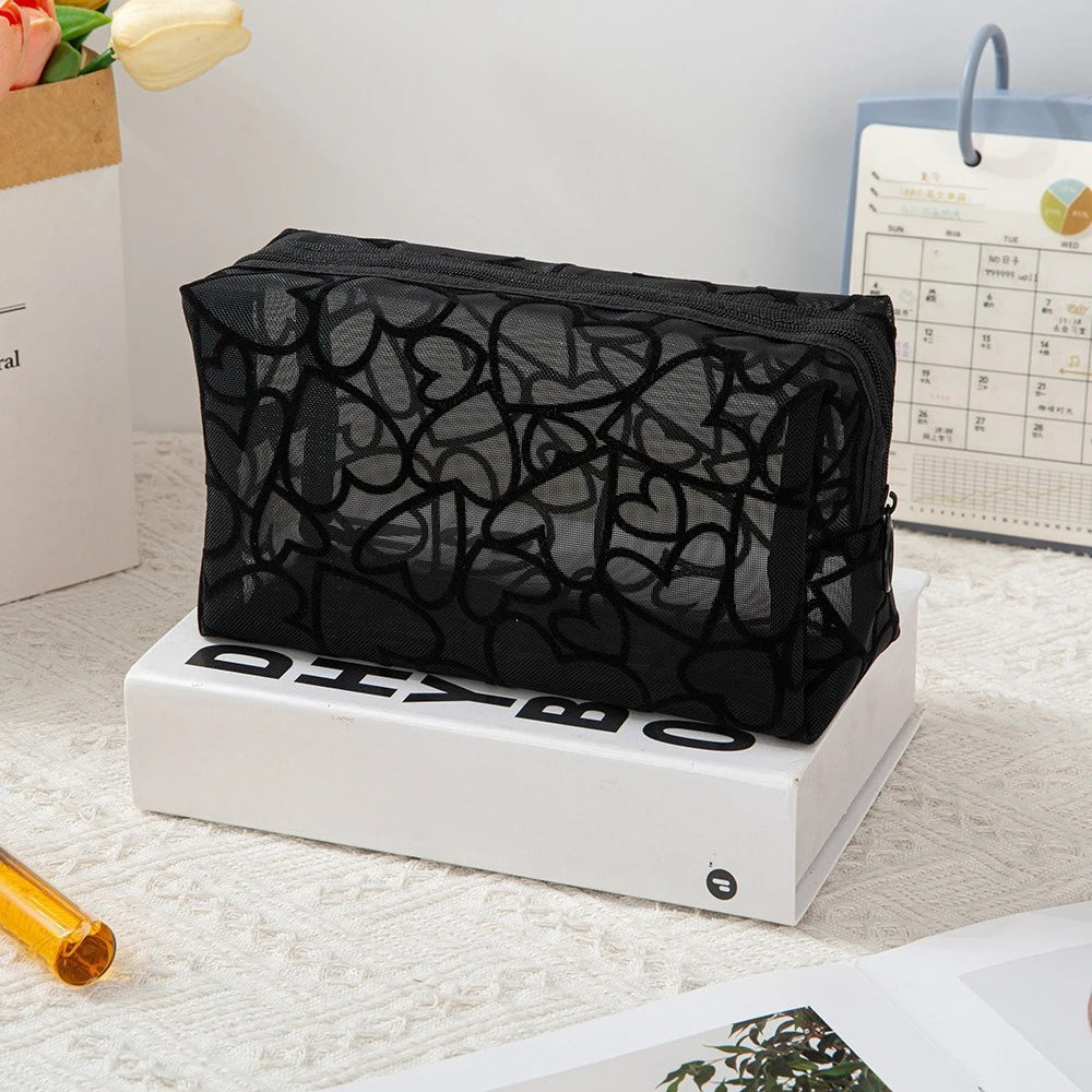 Heart-Shaped Nylon Mesh Cosmetic Bag Portable Toiletry Organizer for Women Makeup Storage