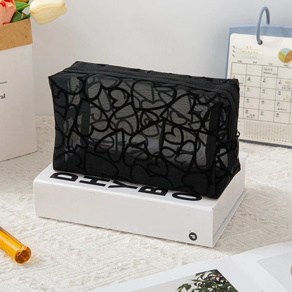 Heart-Shaped Nylon Mesh Cosmetic Bag Portable Toiletry Organizer for Women Makeup Storage