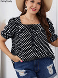 Fairyshely 2025 Summer Casual Print Plus Size Top Women Square Collar Loose Large T-shirt Lady Short Sleeve Elegant Curvy Tops