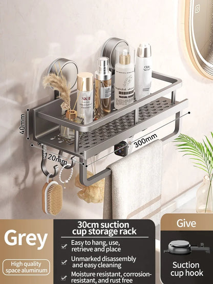 Estante de baño con ventosa sin taladro, estante para baño, espacio para inodoro, estante colgante de aluminio, organizador de baño para colgar en la pared