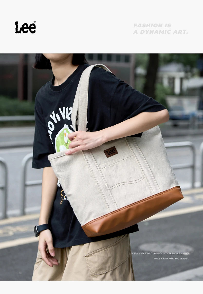 LEE Unisex Utility Canvas Leather Zipper Tote Bag Casual Denim Daily Shopping Handbag Women Men Durable Student School Book Bag