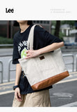 LEE Unisex Utility Canvas Leather Zipper Tote Bag Casual Denim Daily Shopping Handbag Women Men Durable Student School Book Bag
