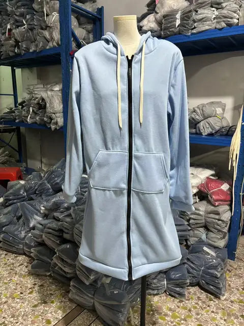 Hoodies femininos 2023 novo outono inverno espessamento solto moda cor sólida bolso design superior com capuz longo zíper camisolas casaco