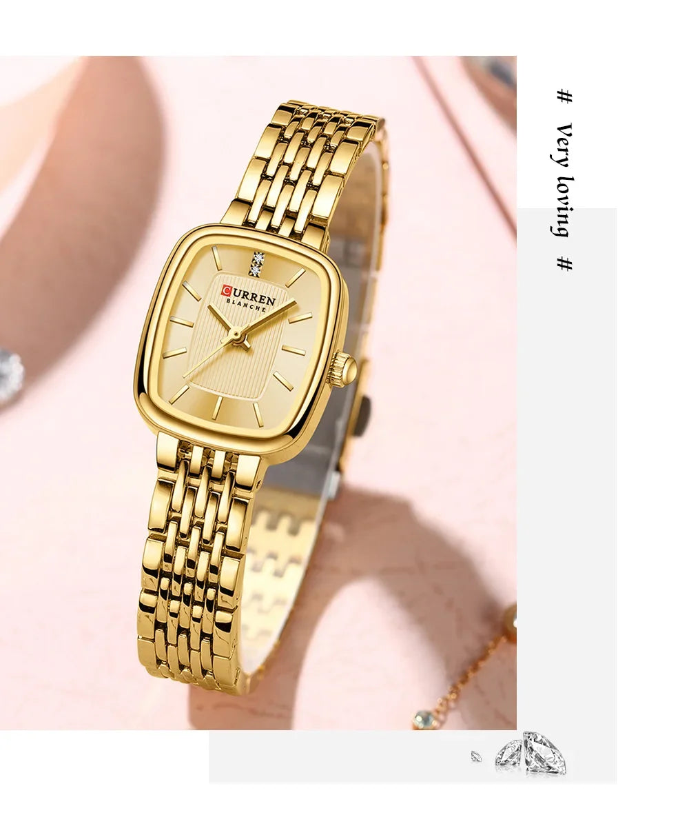 Relógio feminino quadrado dourado em aço inoxidável com calendário